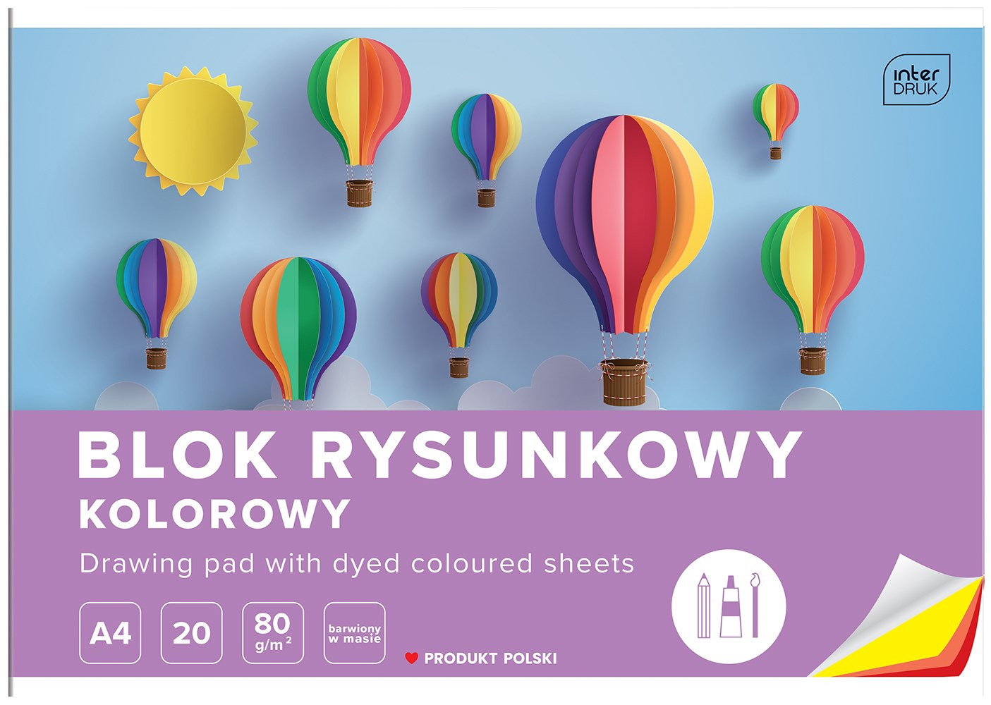 Blok rysunkowy A4, kolorowy, 80g, 20 kartek, Interdruk